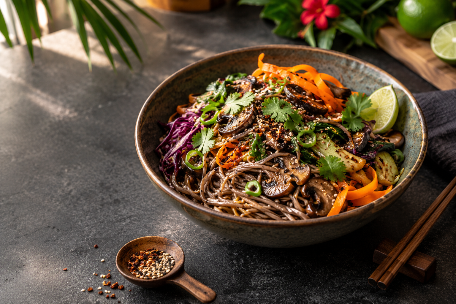 Sofrito Soul buckwheat noodle bowl with mushrooms, cabbage, carrots, cilantro and lime