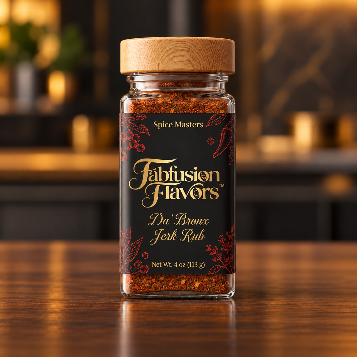 FabFusion Da’ Bronx Jerk Rub 4 oz spice blend in square glass jar with bamboo lid