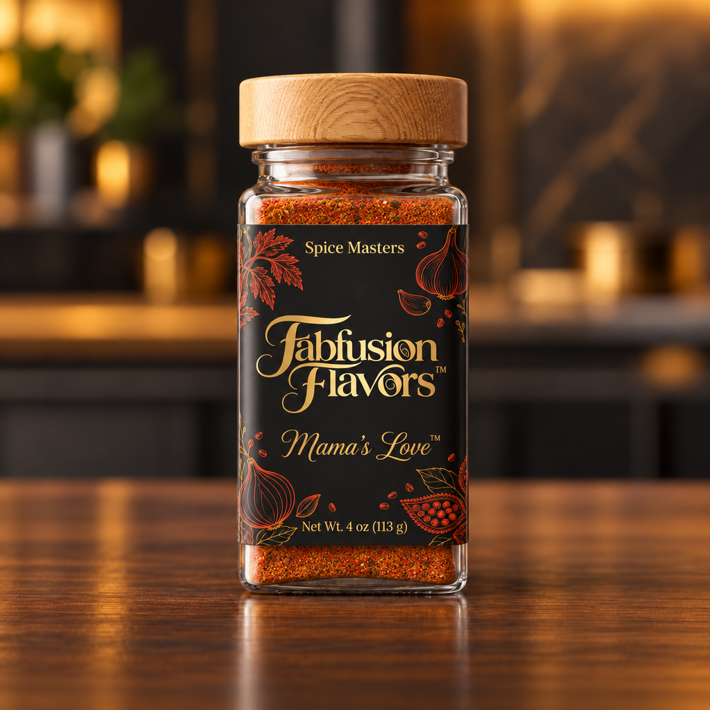 FabFusion Mama’s Love 4 oz spice blend in square glass jar with bamboo lid